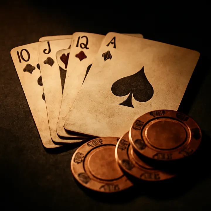 Poker cards and copper chips on gaming table